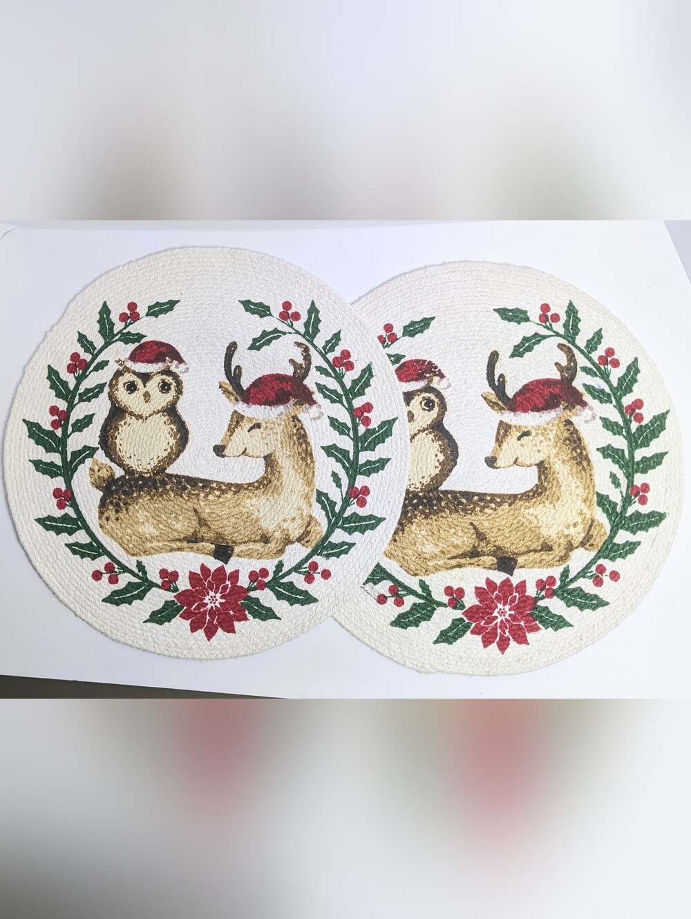 Christmas Placemat Pair, Rag Rug-style, Owlet Fawn Santa Hat Holly Poinsettia